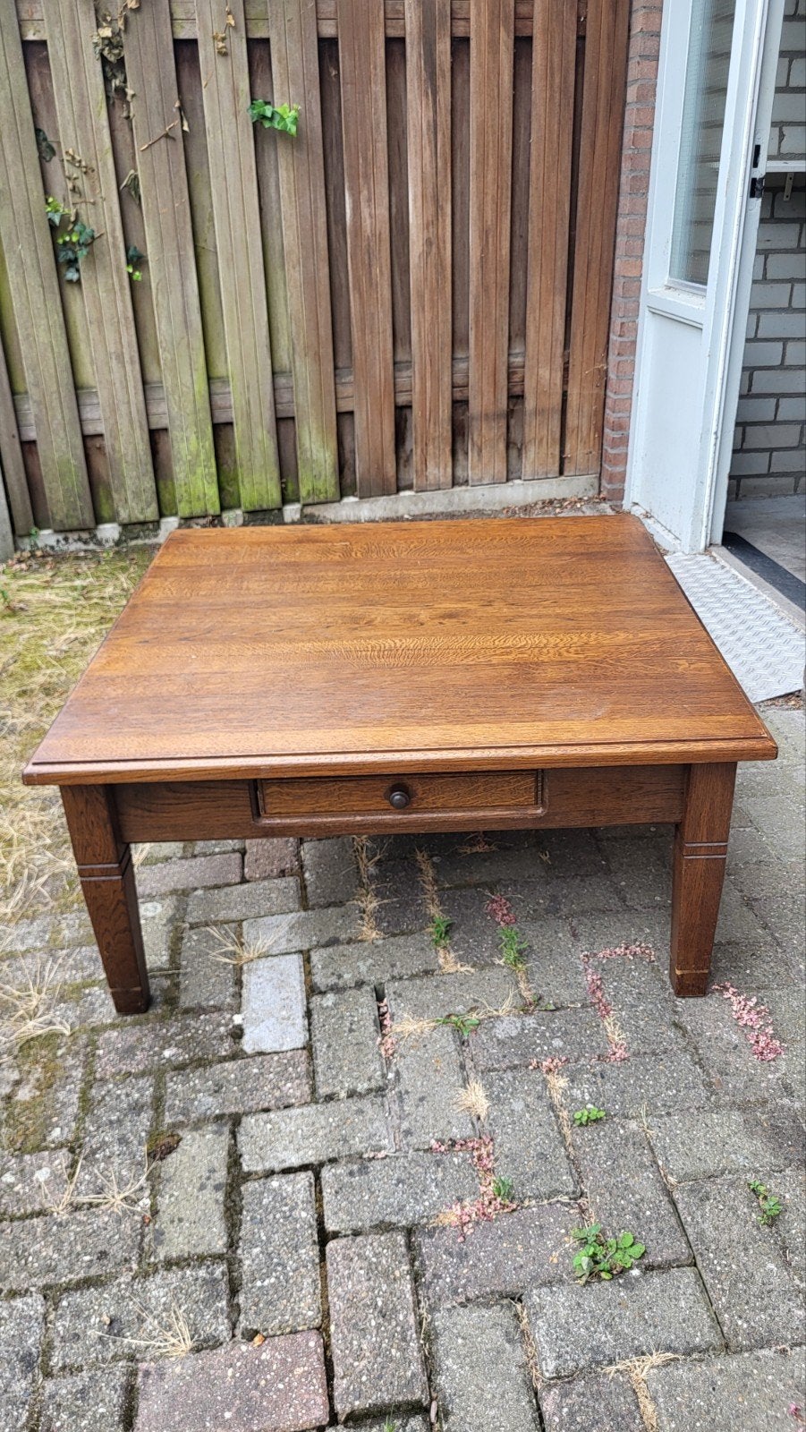 Massief houten salontafel met lade (coffee table), Ophalen, Rechthoekig, 100 tot 150 cm, 50 tot 100 cm