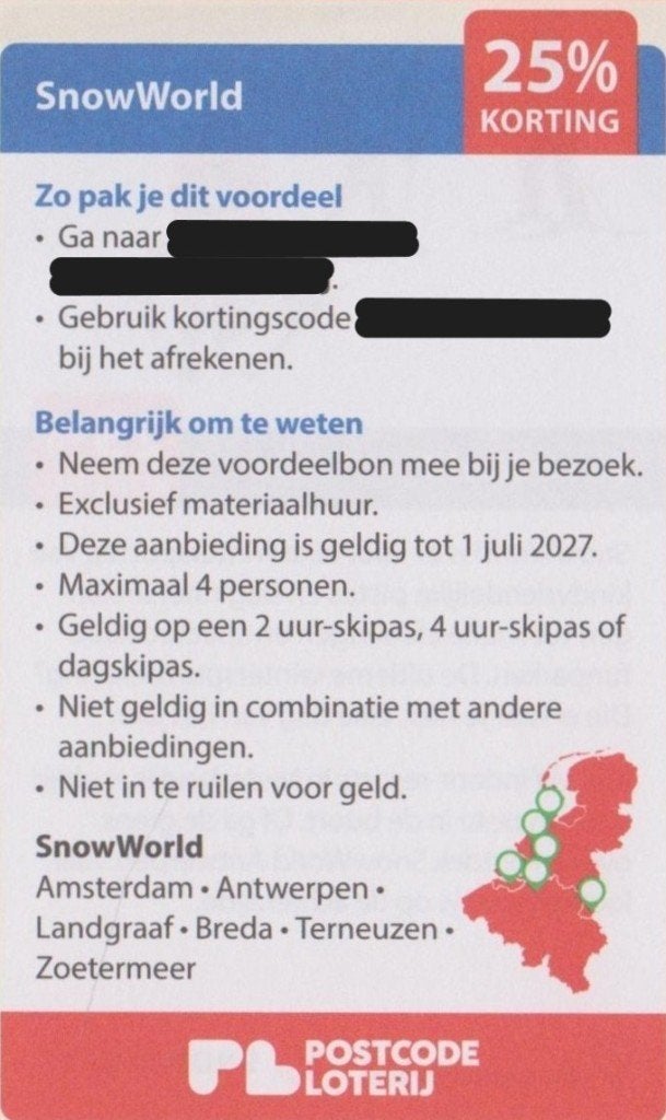 Snowworld 25% kortingsbon. Postcodeloterij kortingsbon., Tickets en Kaartjes, Drie personen of meer, Kortingskaart