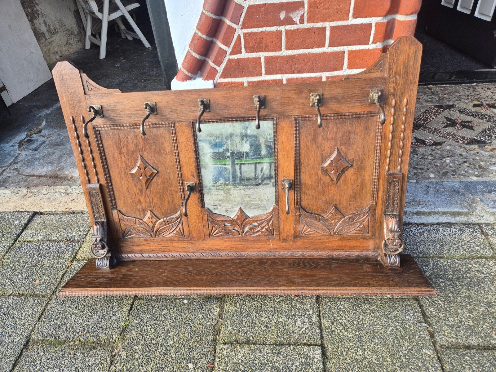 Antieke houten wandkapstok met spiegel en haken, Gebruikt, Minder dan 100 cm, Hout, Ophalen