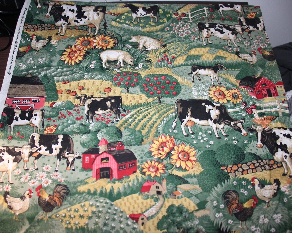 Coupon 100% katoen stof - groen boerderij koe kip #4184, Nieuw, Ophalen of Verzenden, 30 tot 120 cm, Katoen
