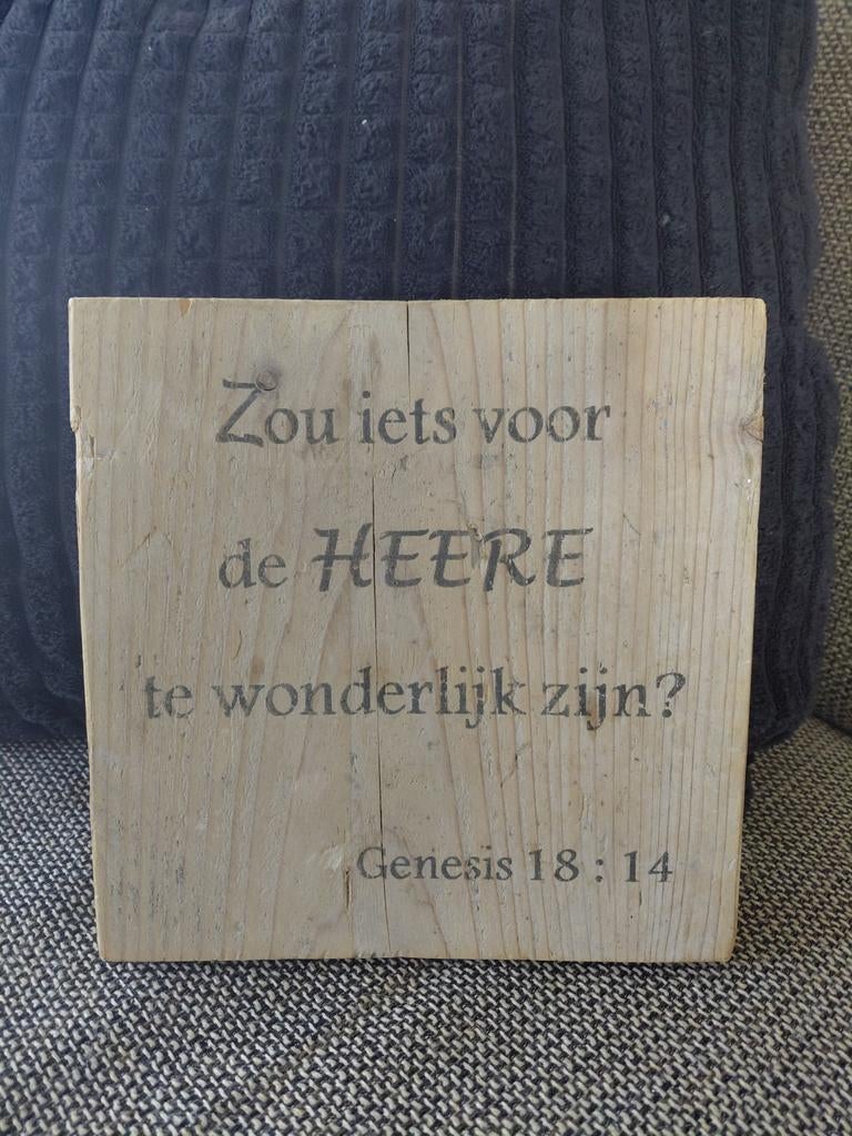 Bijbeltekst op hout houten tekstbord, Ophalen of Verzenden, Zo goed als nieuw