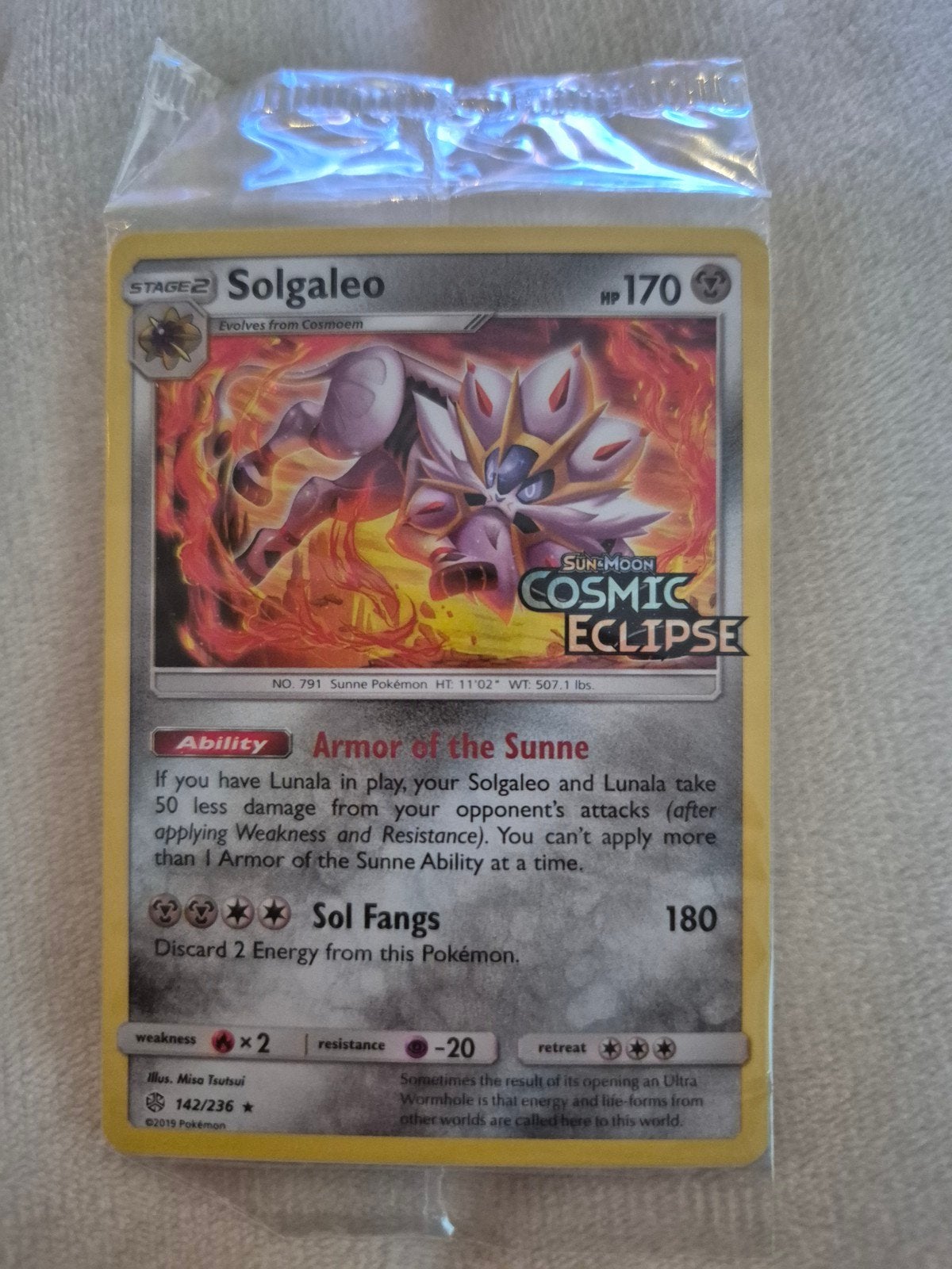 Solgaleo Cosmic Eclipse 142/236 Promo Pokémon Kaart Sealed, Ophalen of Verzenden, Nieuw, Losse kaart, Foil