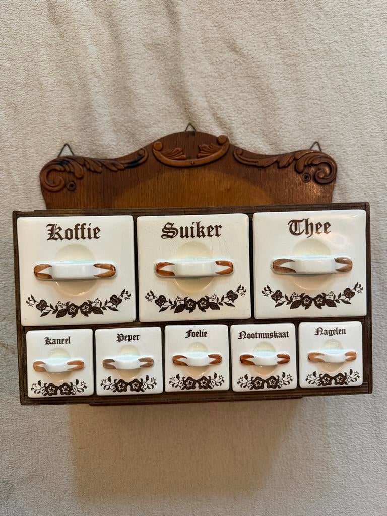 Vintage kruidenrekje met keramische potjes, Antiek en Kunst, Ophalen