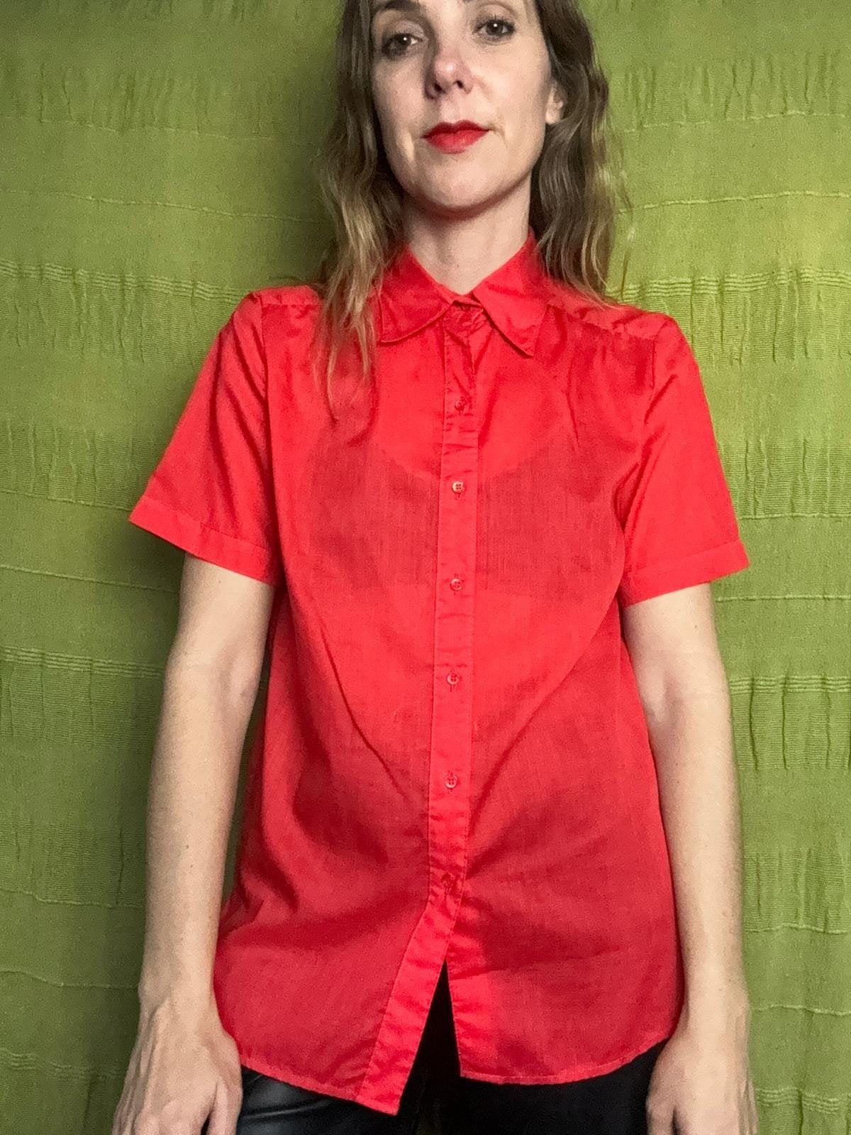 Vintage blouse, maat 10/ 40/ L- rood - doorschijnend - 90's, Kleding | Dames, Maat 38/40 (M), Onbekend, Ophalen of Verzenden, Onbekend