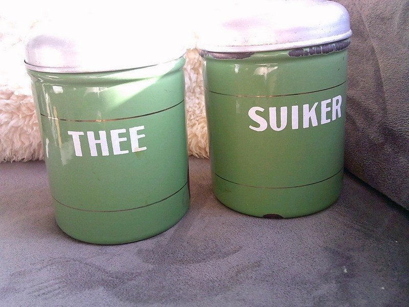 VINTAGE 2 groen emaillen bussen thee en suiker SETPRIJS, Antiek en Kunst, Ophalen of Verzenden