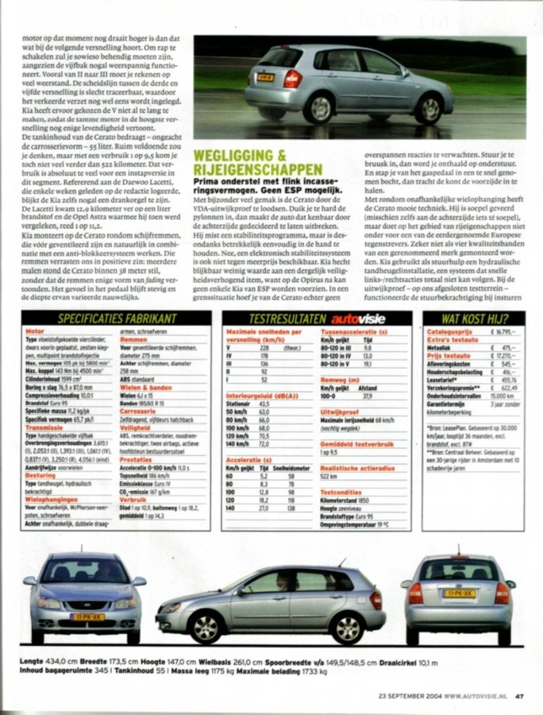 Autovisie test Kia Cerato 1.6 16V LX 2004, Ophalen of Verzenden, Gelezen, Algemeen