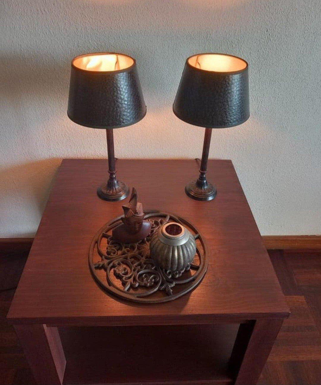 2 bruine tafellampen met lederlook slangenprint geldrop, Bruin, Ophalen of Verzenden