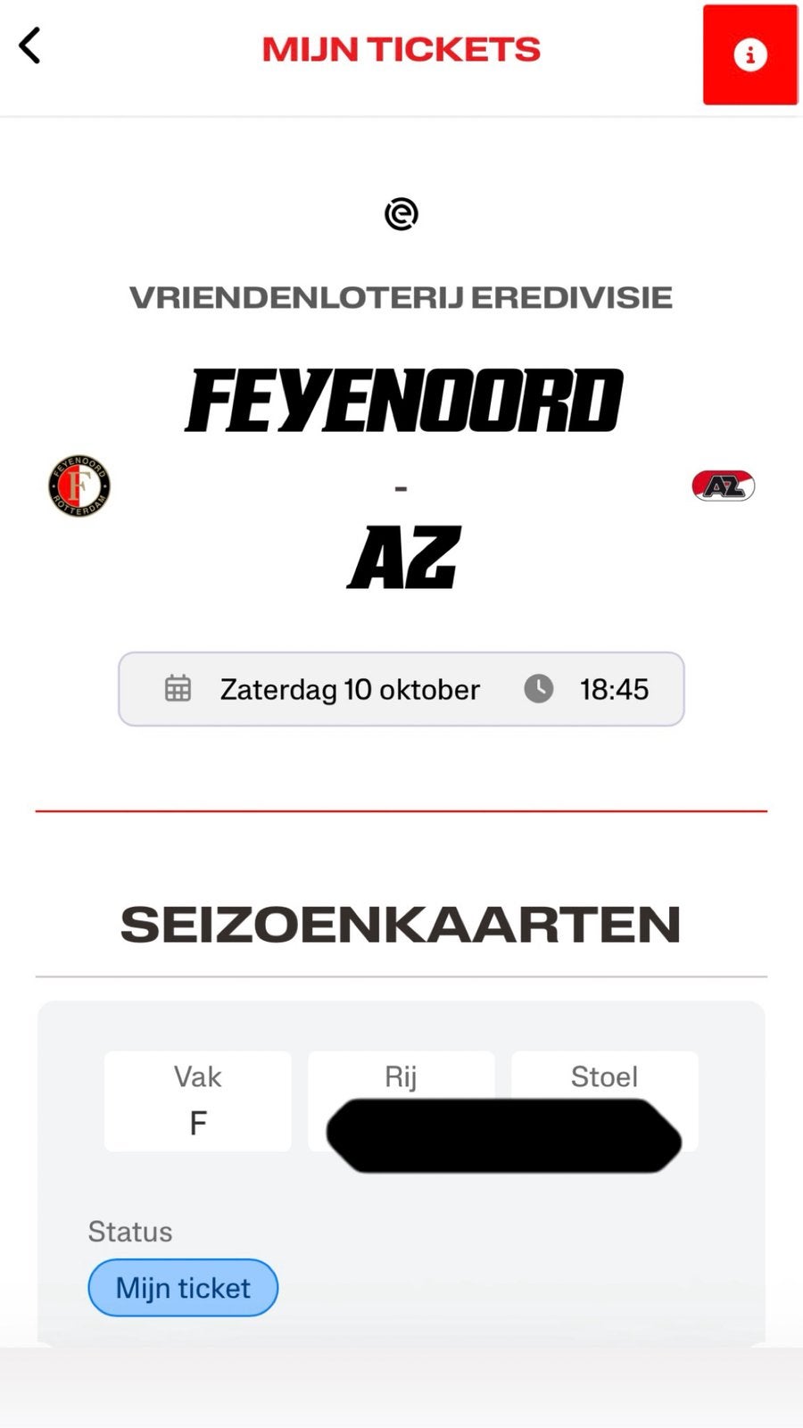 1x ticket Feyenoord - AZ, Losse kaart, Eén persoon, Oktober