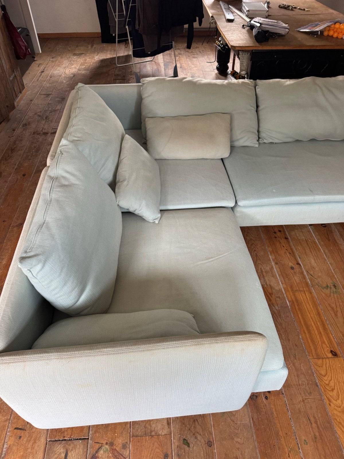 Comfortabele Hoekbank - Lichtblauw/Grijs, Ophalen, 250 tot 300 cm, Gebruikt, 100 tot 125 cm