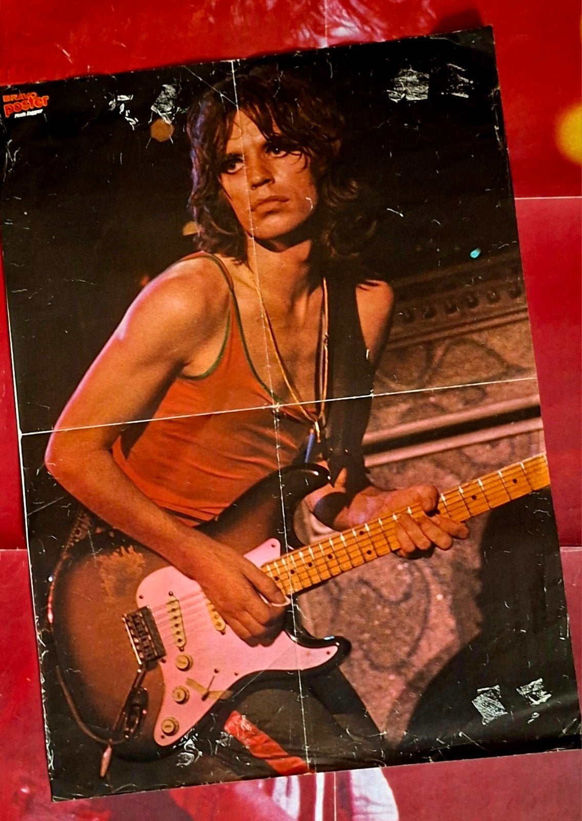 Vintage Poster: Mick Jagger met gitaar, Ophalen of Verzenden, A1 t/m A3, Muziek, Rechthoekig Staand