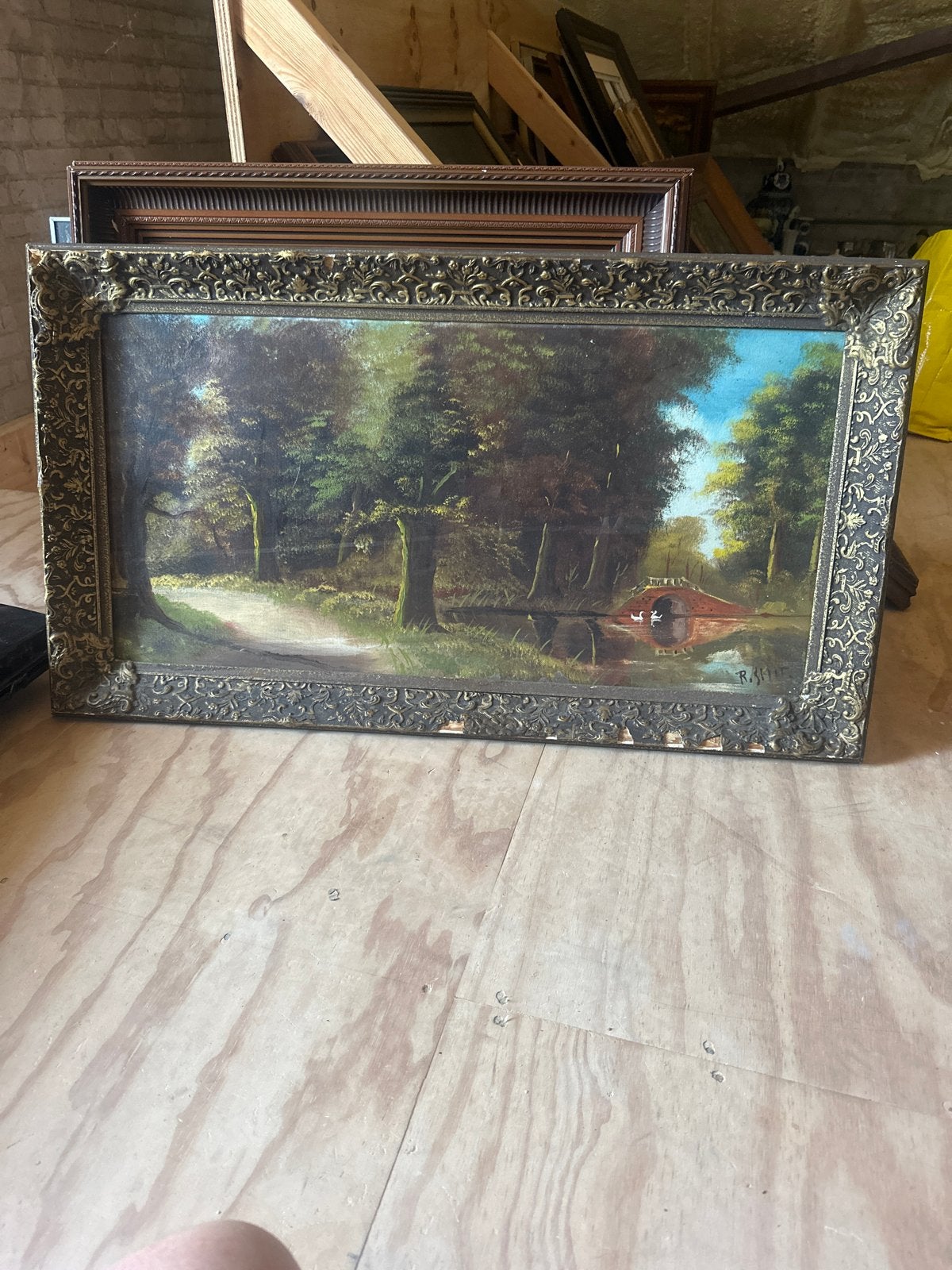 Oud schilderij R. Smit, boslandschap met brug en eenden, Antiek en Kunst, Ophalen of Verzenden