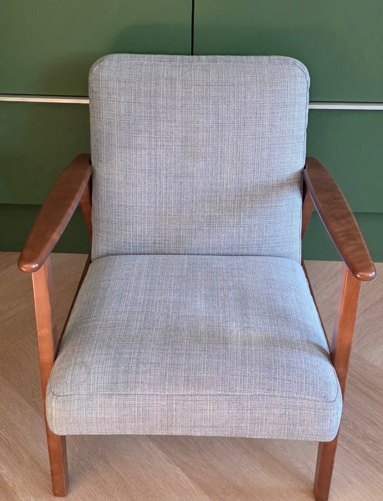 Ikea EKENÄSET Fauteuil - Tijdloos design, grijs, hout, Ophalen, Gebruikt, 75 tot 100 cm, 50 tot 75 cm