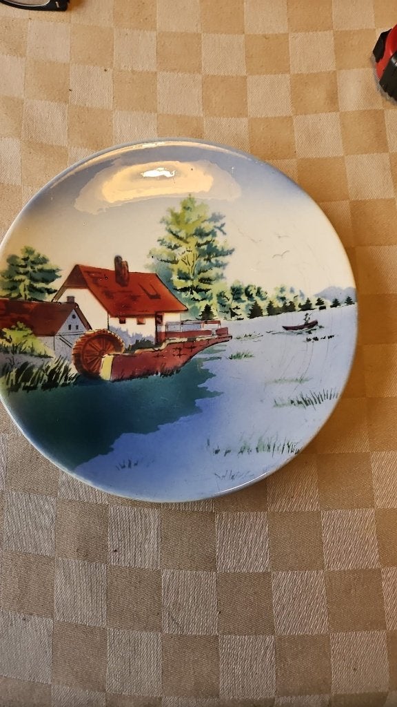 Wandbord antiek met water landschap doorsnee 24 cm, Ophalen of Verzenden