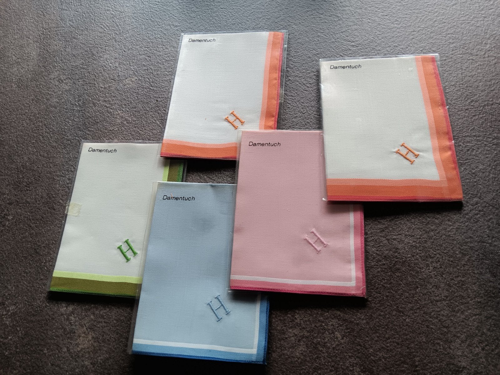 5 nieuwe katoenen dameszakdoeken met monogram letter H., Antiek en Kunst, Ophalen of Verzenden