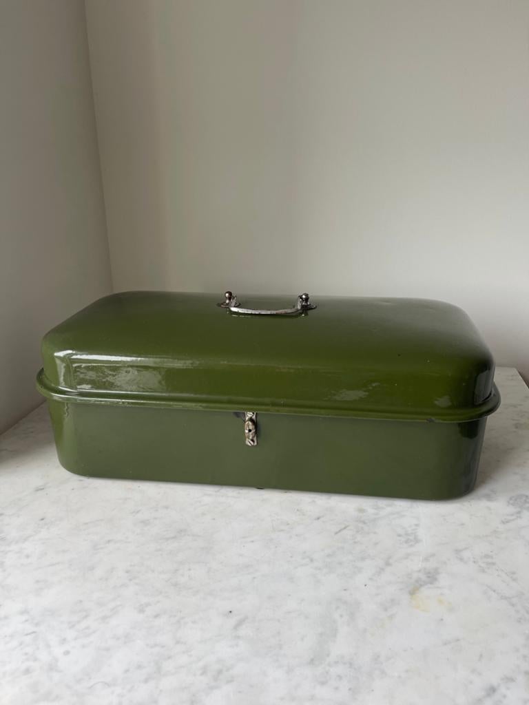 Vintage Emaille Broodtrommel - Olijfgroen, Ophalen of Verzenden