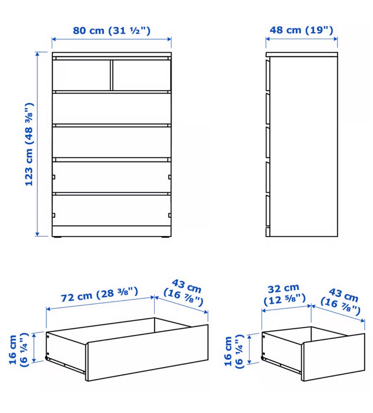 Ikea Malm ladekast, 6 lades, wit, 123x80cm, NIEUW in doos., Huis en Inrichting, Ophalen, 5 laden of meer, 100 tot 150 cm, Nieuw