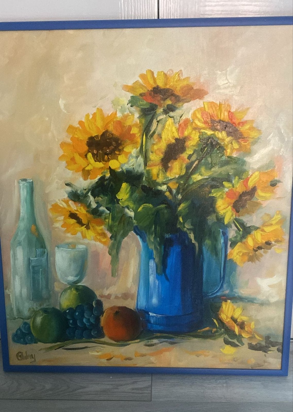 Schilderij Zonnebloemen en Fruit - Olieverf op doek, Ophalen of Verzenden