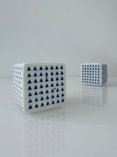 Peper- en zoutstel met blauw grafisch dessin, Overige typen, Ophalen of Verzenden, Zo goed als nieuw, Steen/keramiek