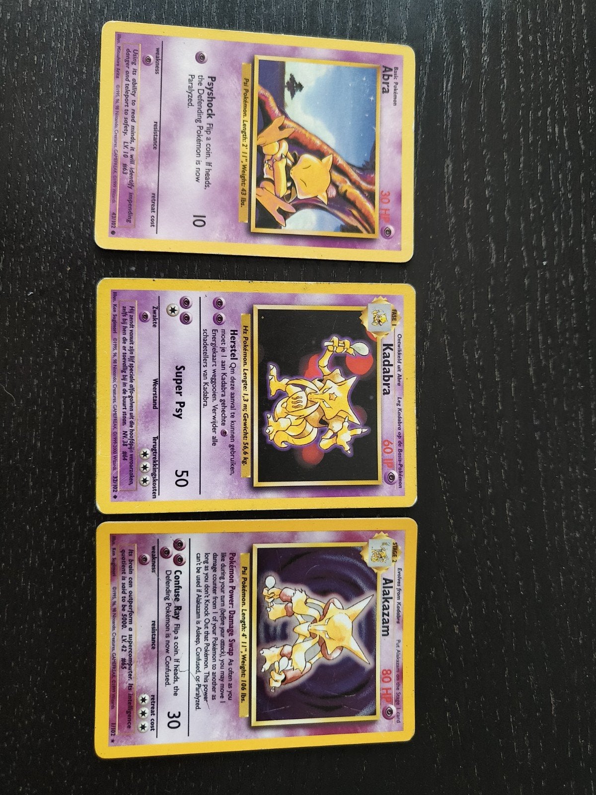 Pokémon Kaarten: Abra, Kadabra, Alakazam (Base Set), Ophalen of Verzenden, Gebruikt, Meerdere kaarten