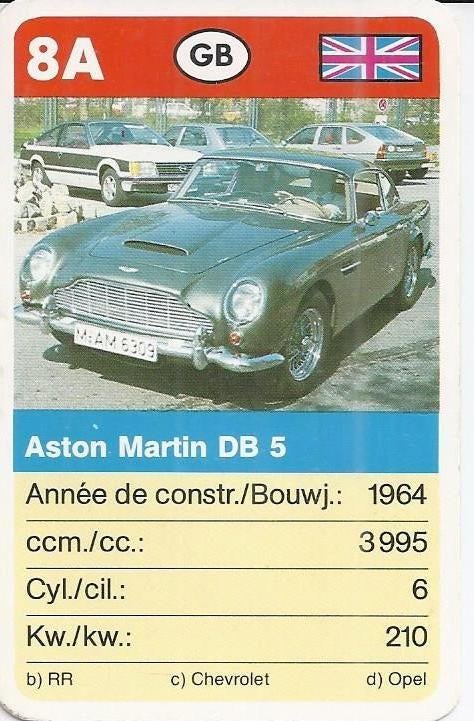Kw4510 autokaartje 8a aston martin db 5, Ophalen of Verzenden, Zo goed als nieuw, Auto's
