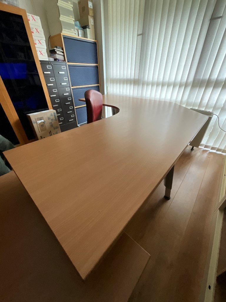 Bureau + bureaustoel + rolcontainer + kasten, Huis en Inrichting, Bureaus, Ophalen, 150 cm, Hout, Hoekbureau
