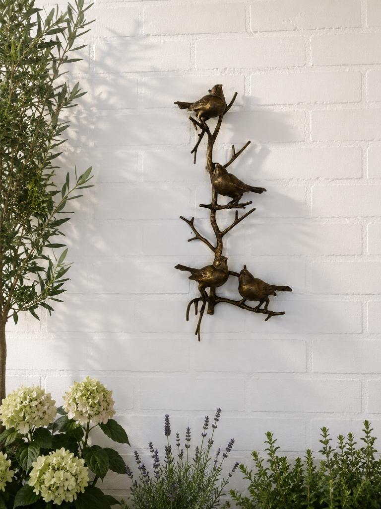 4 VOGELS OP TAK / BRONS / WANDHANGER, Tuin en Terras, Tuinbeelden, Dierenbeeld, Nieuw, Info@huisentuindecoratiemarie.nl, Huis en tuin decoratie marie