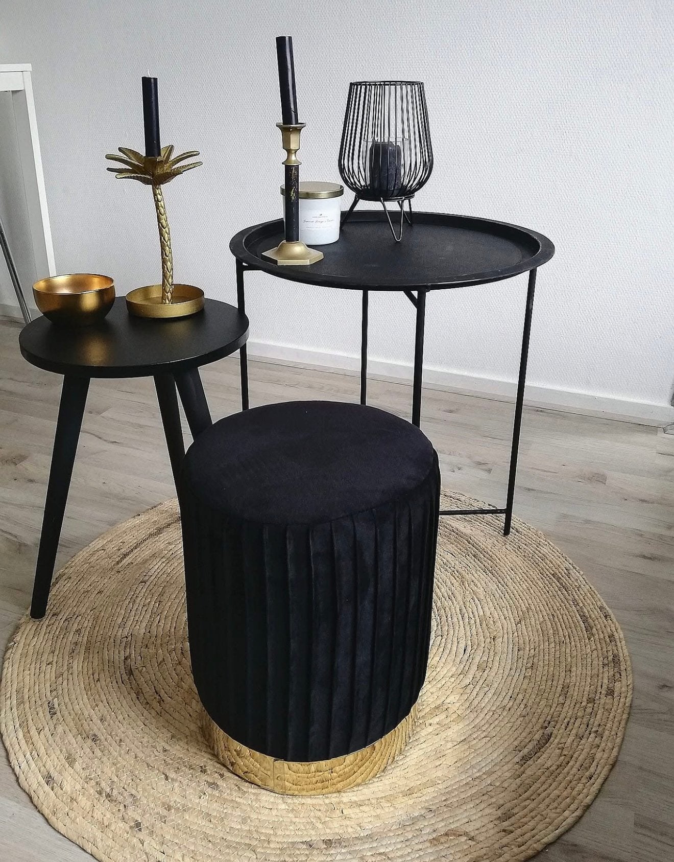 Zwarte gouden poef nieuwe, Huis en Inrichting, Tafels | Bijzettafels, 45 tot 60 cm, Minder dan 55 cm, Rond, Ophalen of Verzenden
