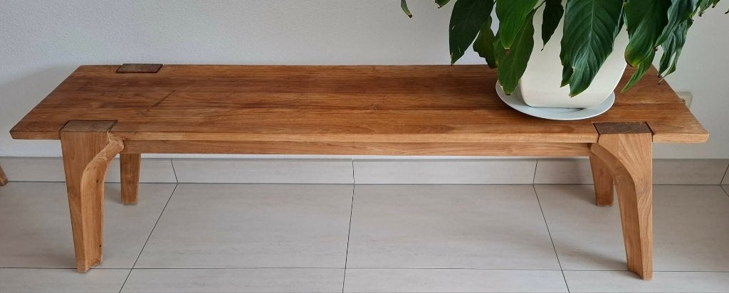 Teak bankje trapezium (47Hx155Lx35Bcm), Huis en Inrichting, Ophalen, Zo goed als nieuw, Hout