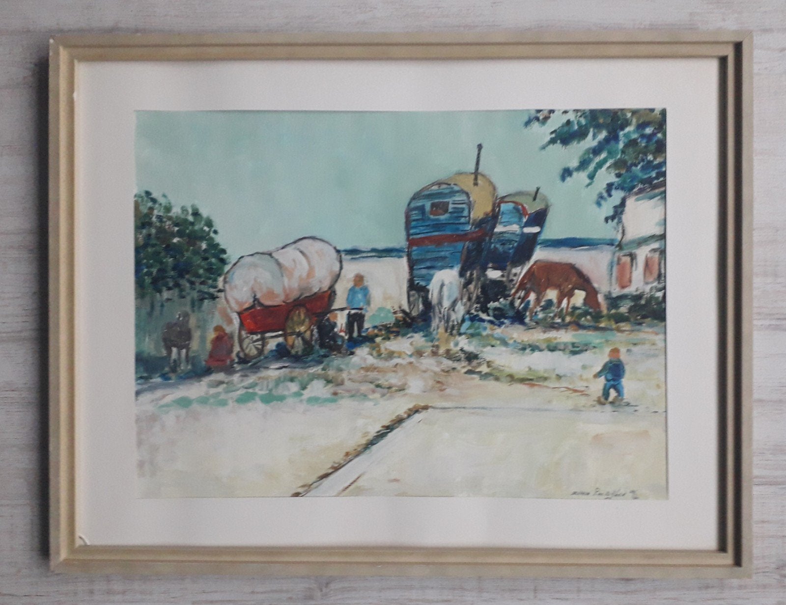 FIGUREN MET WOONWAGENS EN PAARDEN>NAAR VINCENT VAN GOGH, Ophalen, Expressionistisch, Landschap, Aquarel