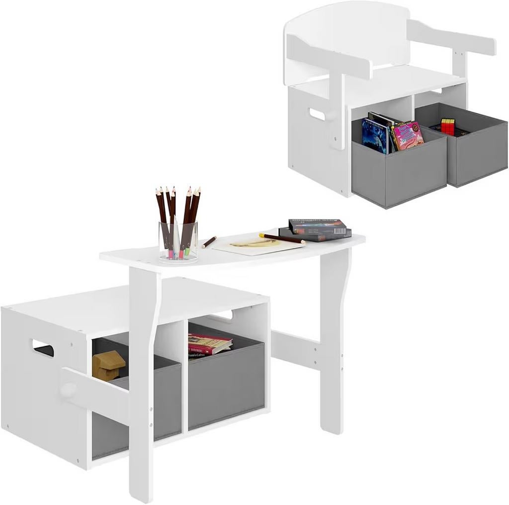 Witte kinderbank en tafel met opbergbakken, Kinderen en Baby's, Kinderkamer | Tafels en Stoelen, Ophalen, Zo goed als nieuw, Tafel(s) en Stoel(en)