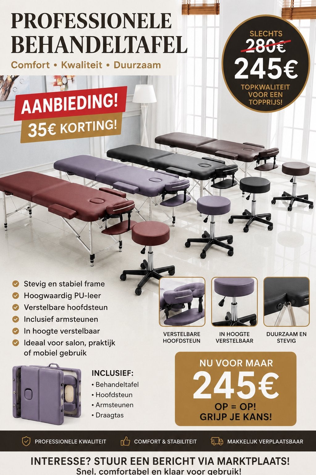 Behandelbank-Behandelbed - Massage tafel inclusief stoel, Sport en Fitness, Ophalen of Verzenden
