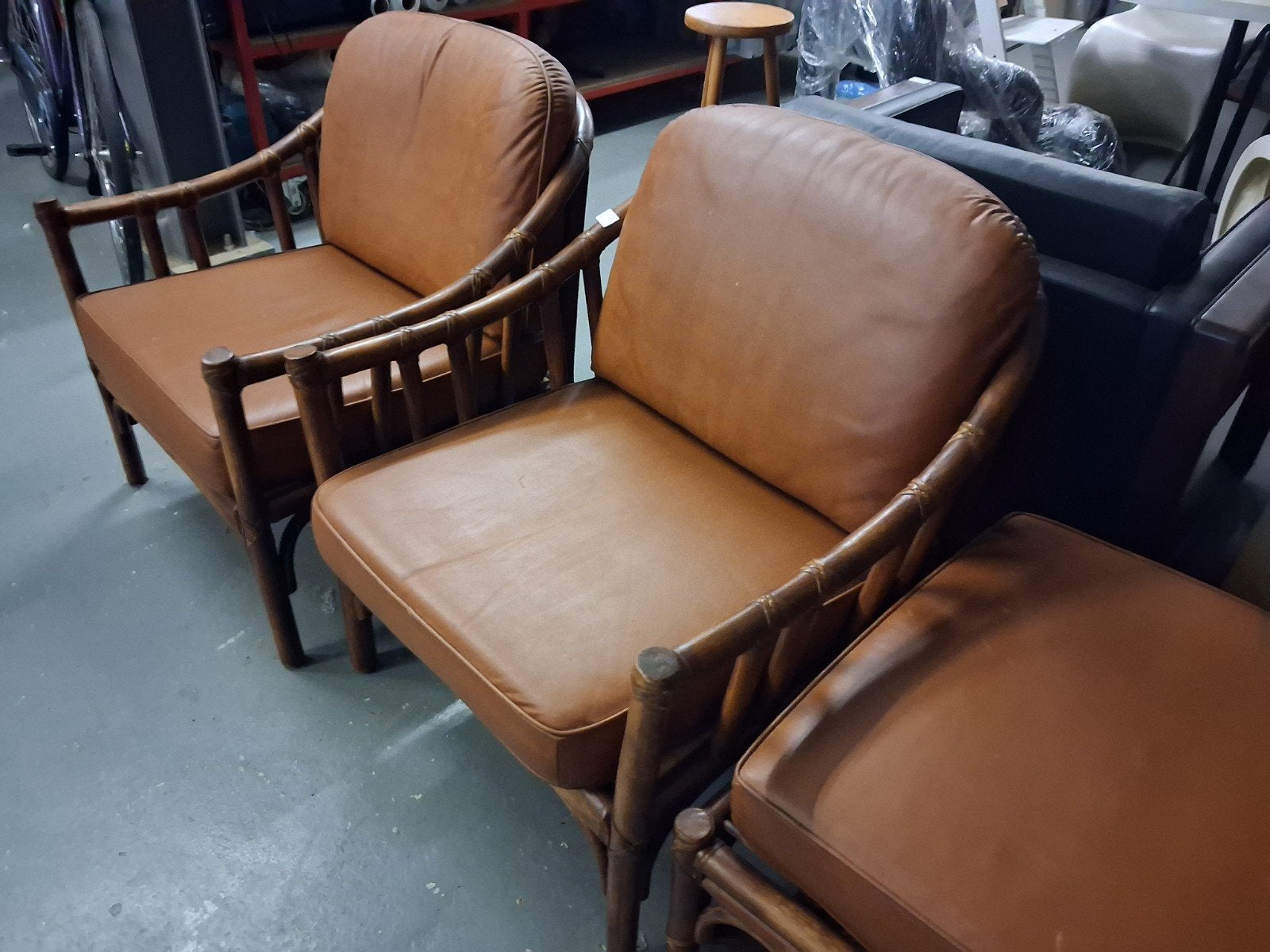 McGuire Bamboe Stoelen en Poef - Vintage Design Set, Ophalen, Gebruikt, Twee, Bruin