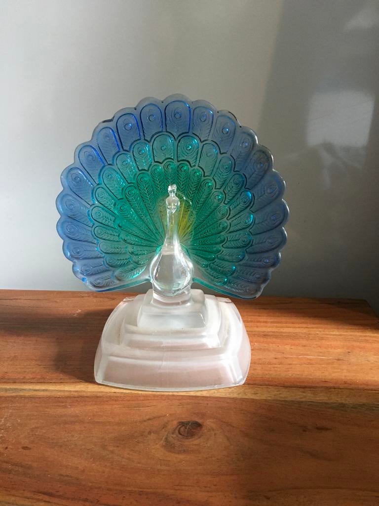 Glazen Pauw Decoratie - Blauw/Groen, Antiek en Kunst, Antiek | Glas en Kristal, Ophalen of Verzenden