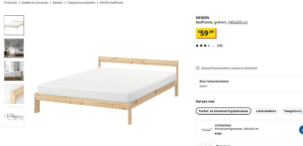 Ikea NEIDEN Bedframe 140x 200cm + Matras + Matras Topper, Ophalen, Wit, 140 cm, 200 cm