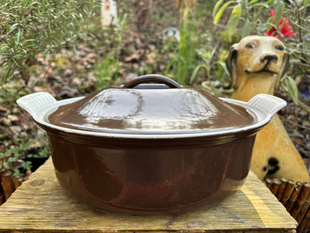 Le Creuset geemailleerde gietijzeren braadpan/ovenschaal 26, Gietijzer, Ophalen of Verzenden, Zo goed als nieuw, Keramische plaat