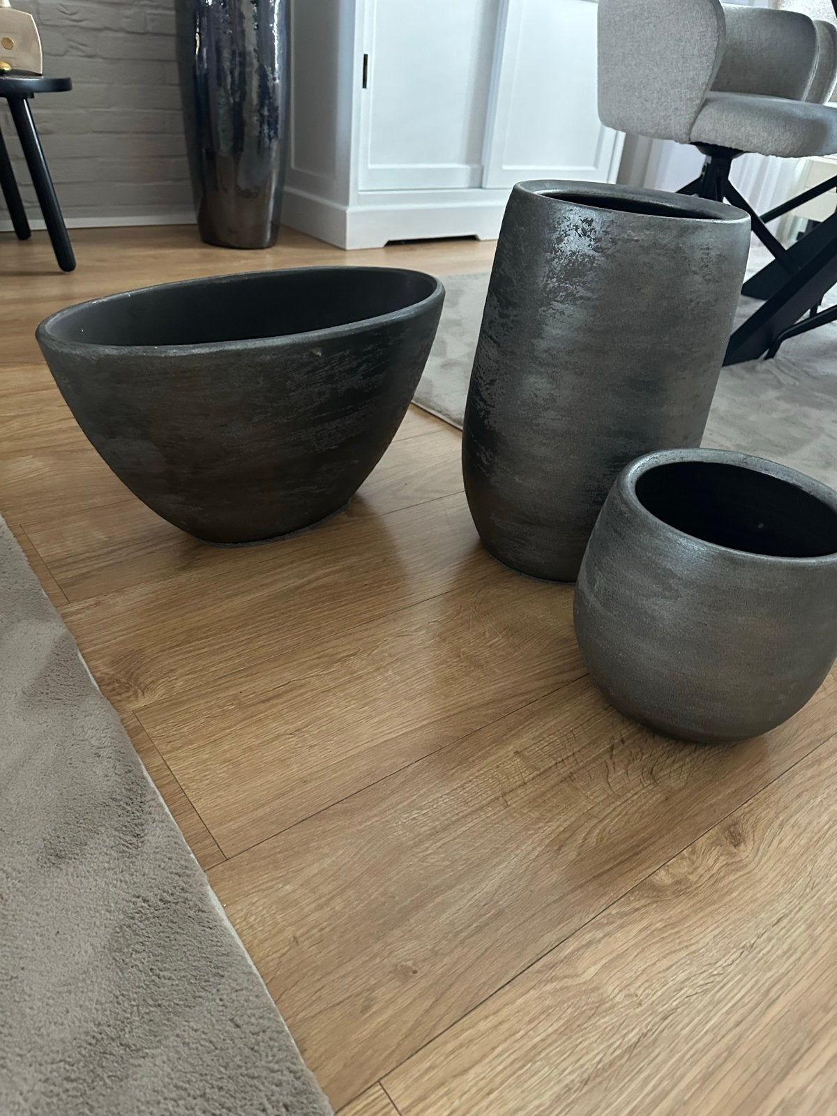 Set van 3 decoratieve vazen/potten - Grijs/Zilver, Met patroon/structuur, Ophalen of Verzenden, Zo goed als nieuw, Grijs