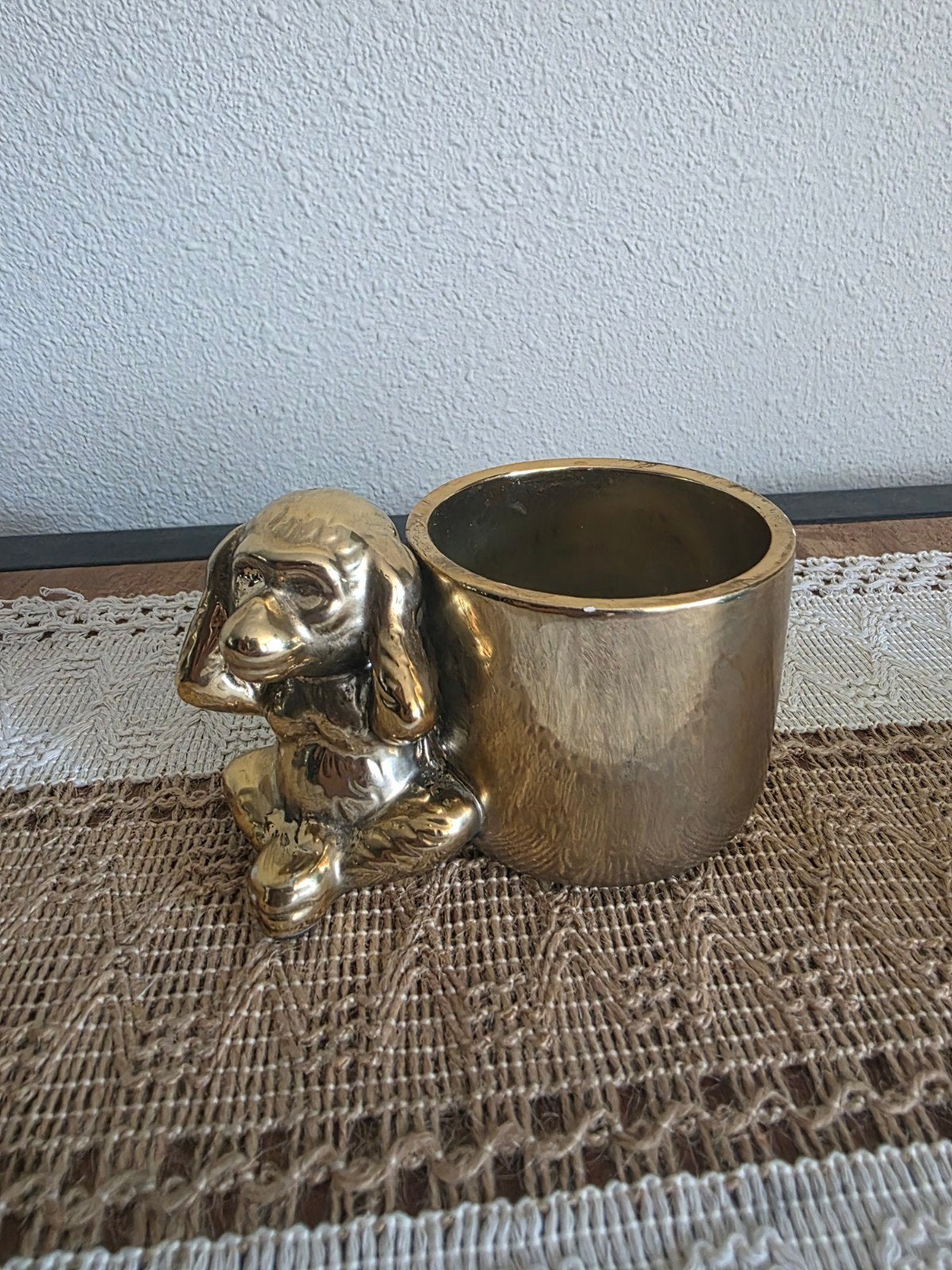 Gouden Waxinelichthouder Aapje, Gebruikt, Overige stijlen, Ophalen of Verzenden, Goud