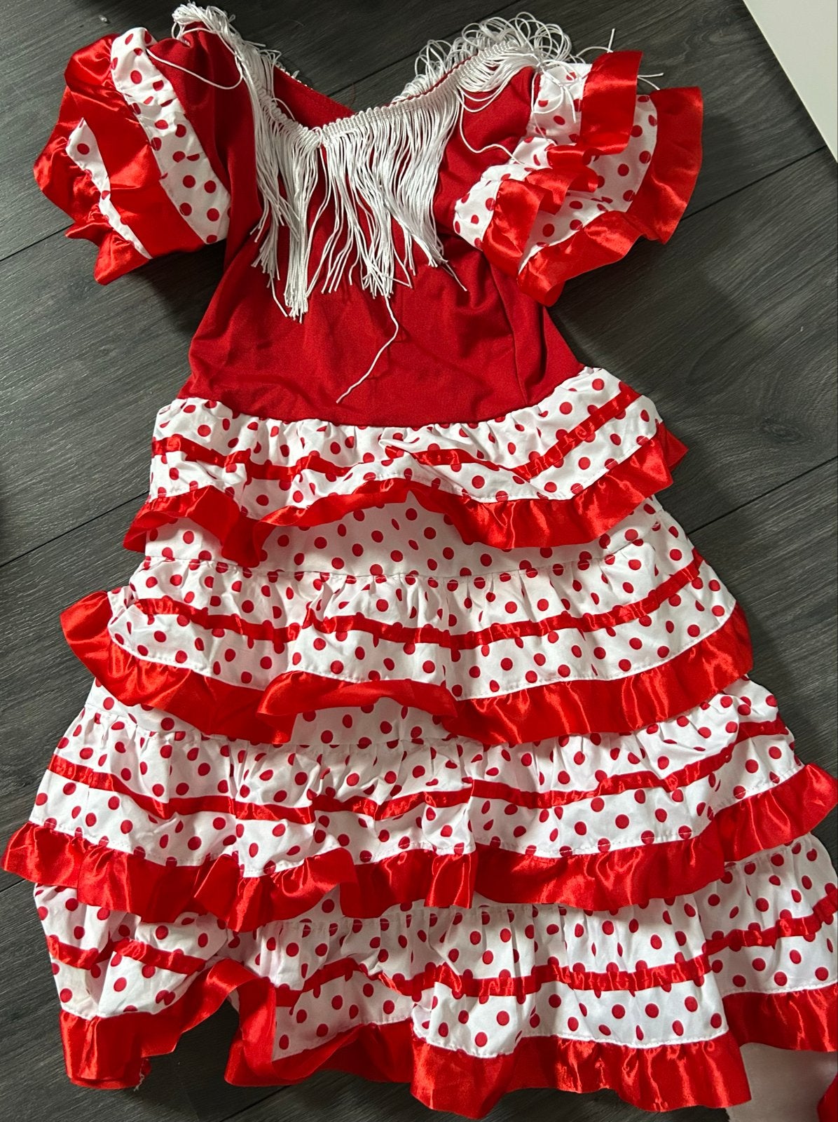 Flamenco jurk rood met witte stippen - Maat 128, Kinderen en Baby's, Ophalen of Verzenden, Gebruikt, Meisje, Jurk of Rok