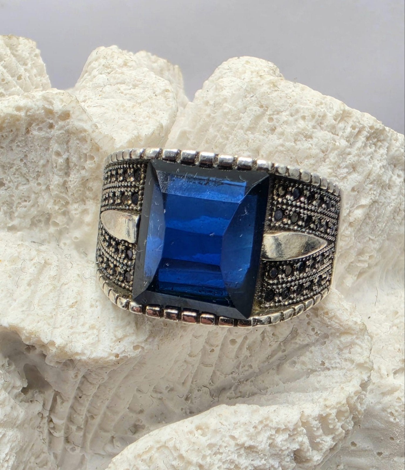 Zilveren Heren Ring met Blauwe Steen, Verzenden, Heer, Zo goed als nieuw, .