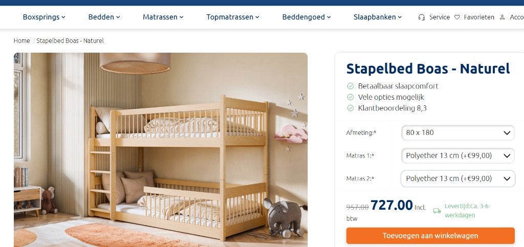Stapelbed Boas - Natuurlijk Hout, Ophalen, Nieuw, Stapelbed