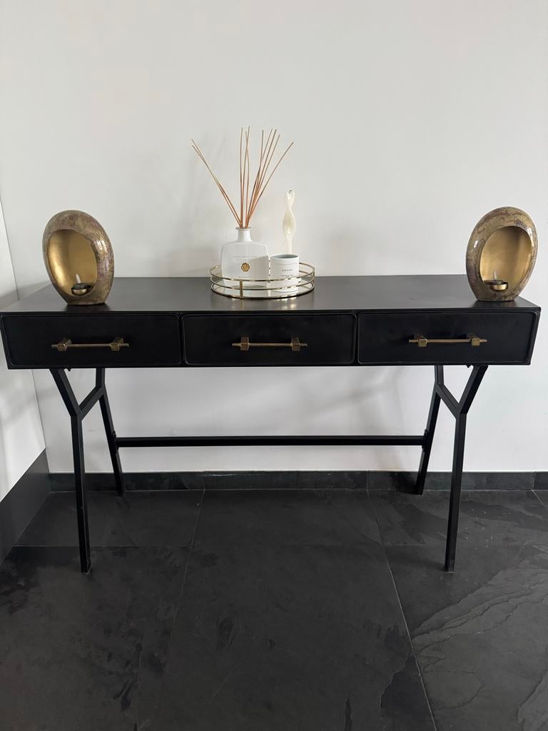 PTMD zwarte console tafel met 3 lades en metalen onderstel, Ophalen, Gebruikt, 100 tot 150 cm, Metaal