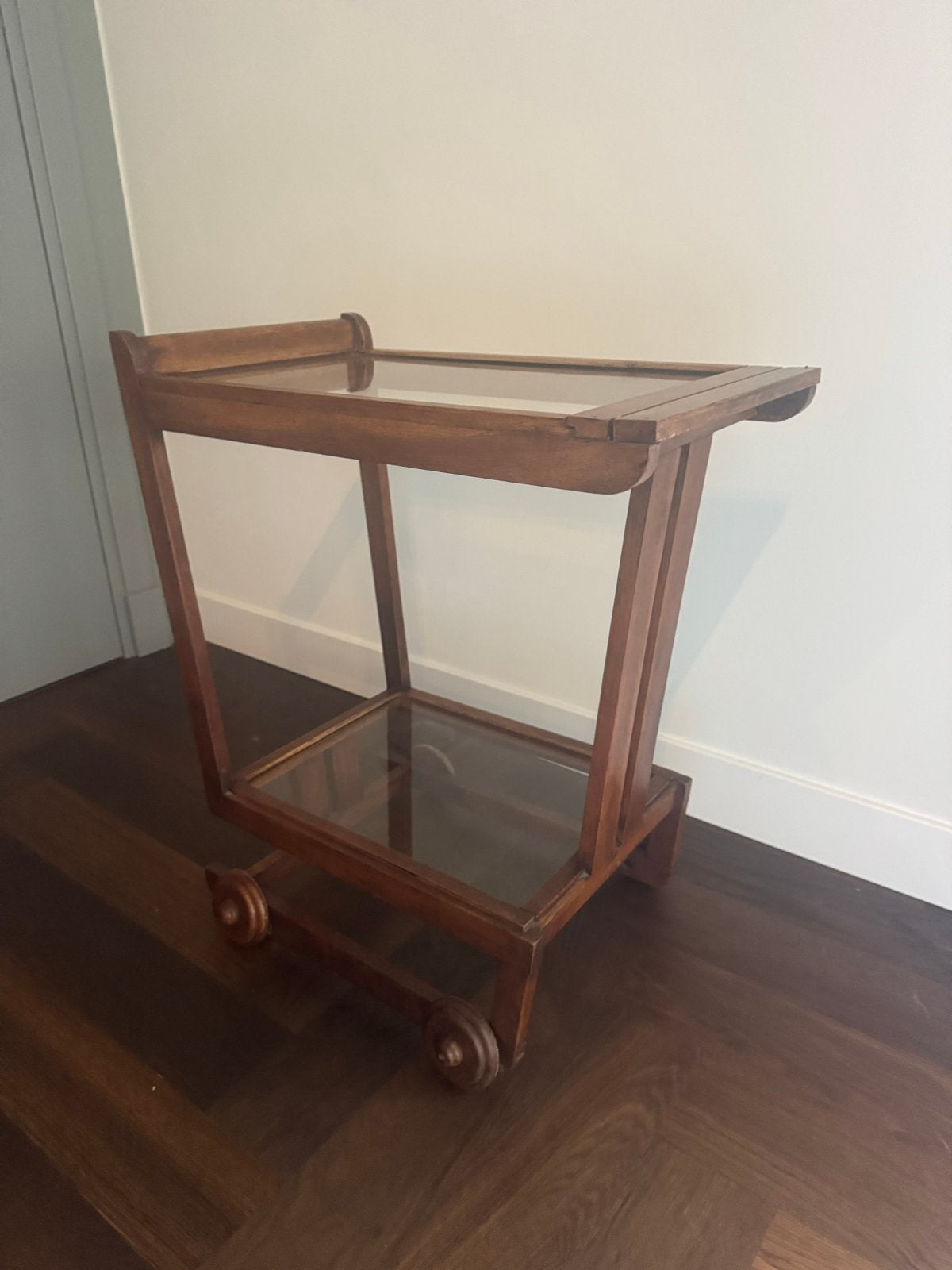 Vintage Eiken Theewagen / Serveerwagen met Glazen Bladen, Ophalen