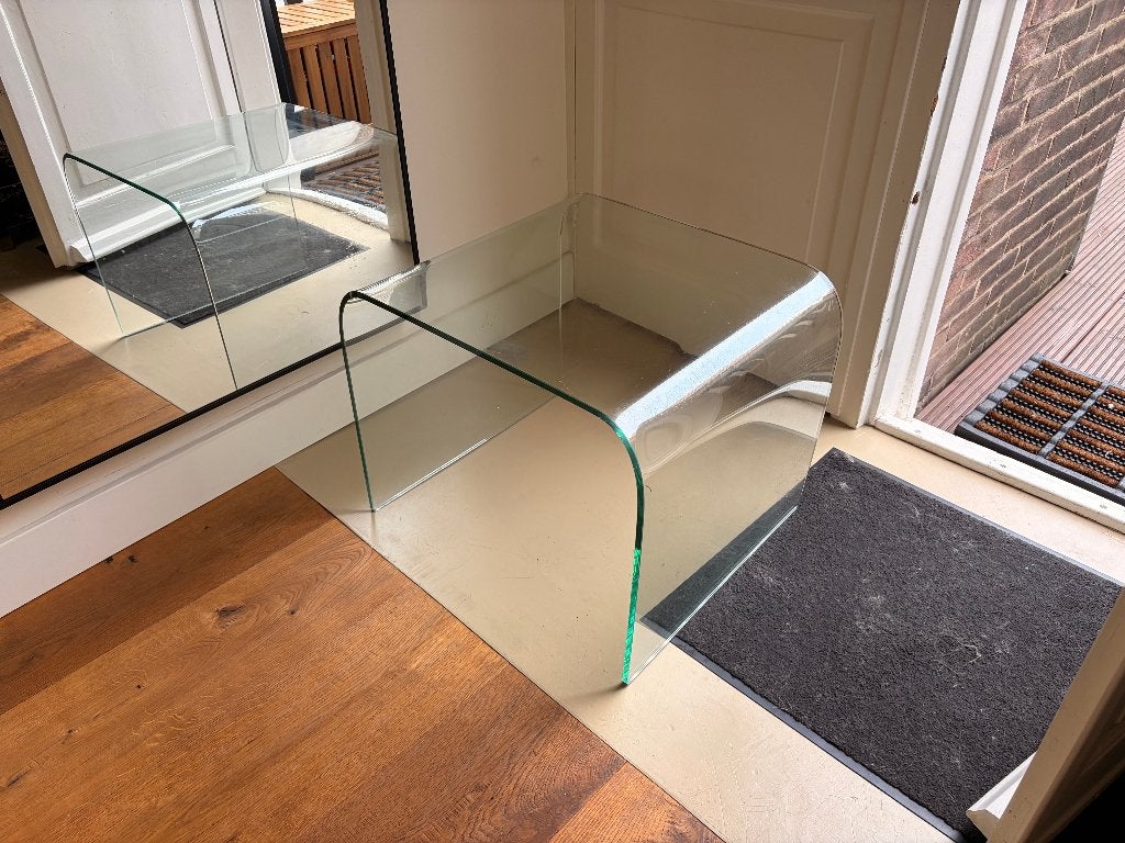 Vintage design glazen salontafel gebogen glas 50x56x45cm, Ophalen, Gebruikt, 50 tot 100 cm, Glas