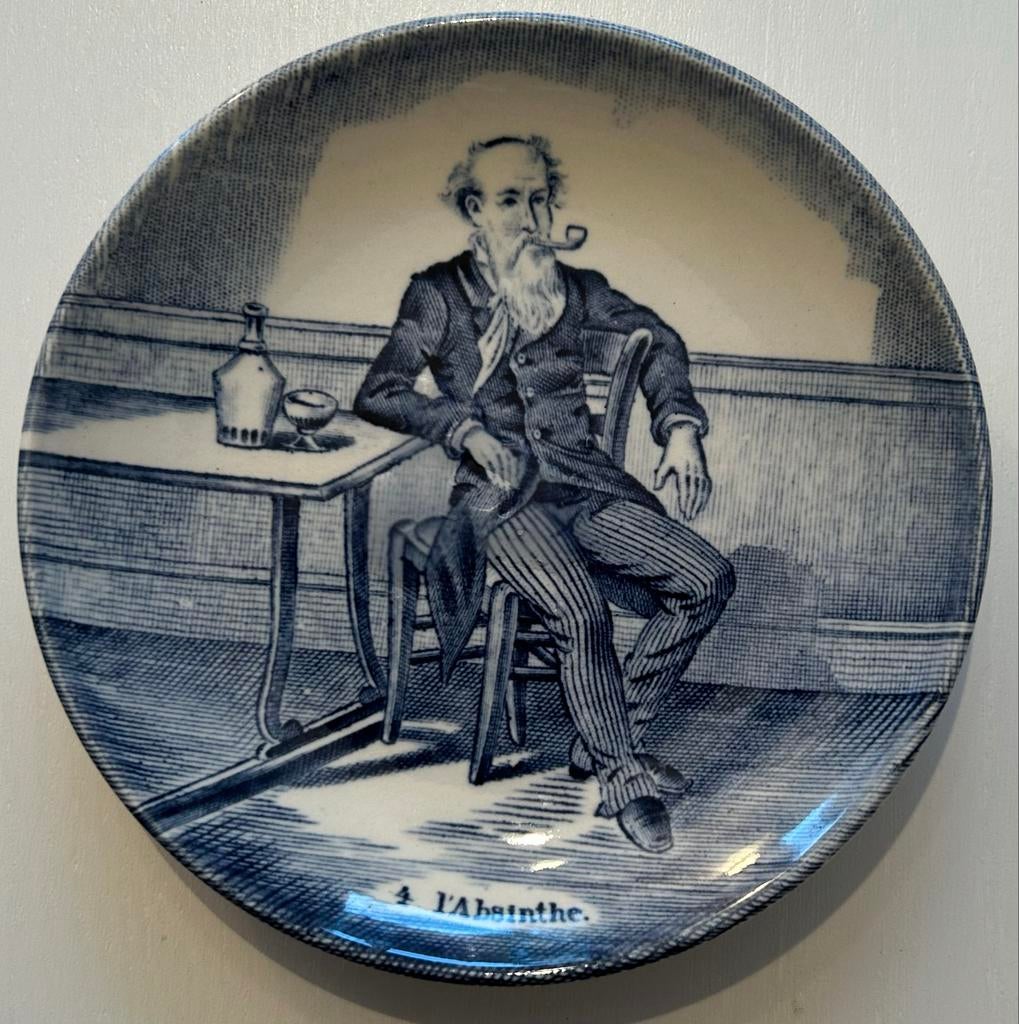 Antiek Boch Delfts bordje 'L'Absinthe' - Man met pijp, Ophalen of Verzenden