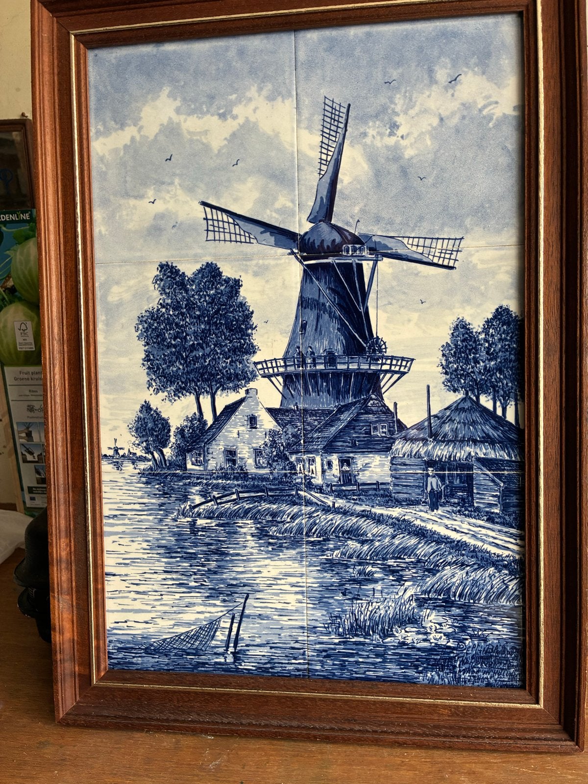 Ingelijst Tegeltableau Delfs Blauw Molenlandschap, Ophalen