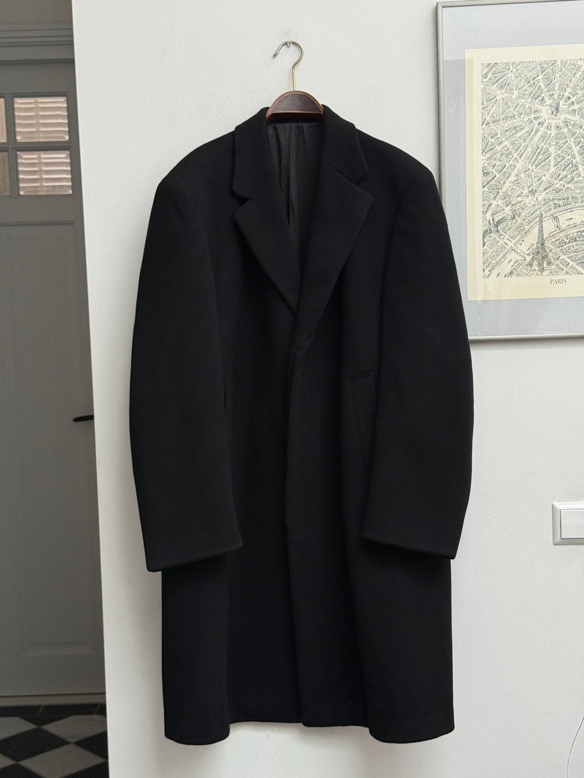Vintage jaren 80 zwarte lange overjas 100% wol, maat XL, Ophalen of Verzenden, Zo goed als nieuw, Maat 52/54 (L), Zwart
