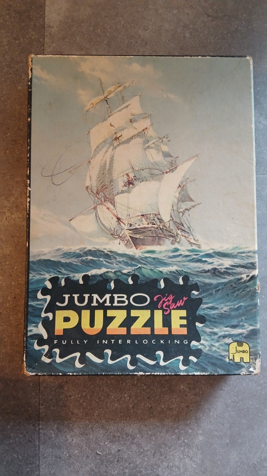 Vintage Jumbo Legpuzzel Zeilschip op woeste zee, Ophalen, Minder dan 500 stukjes, Gebruikt, Legpuzzel