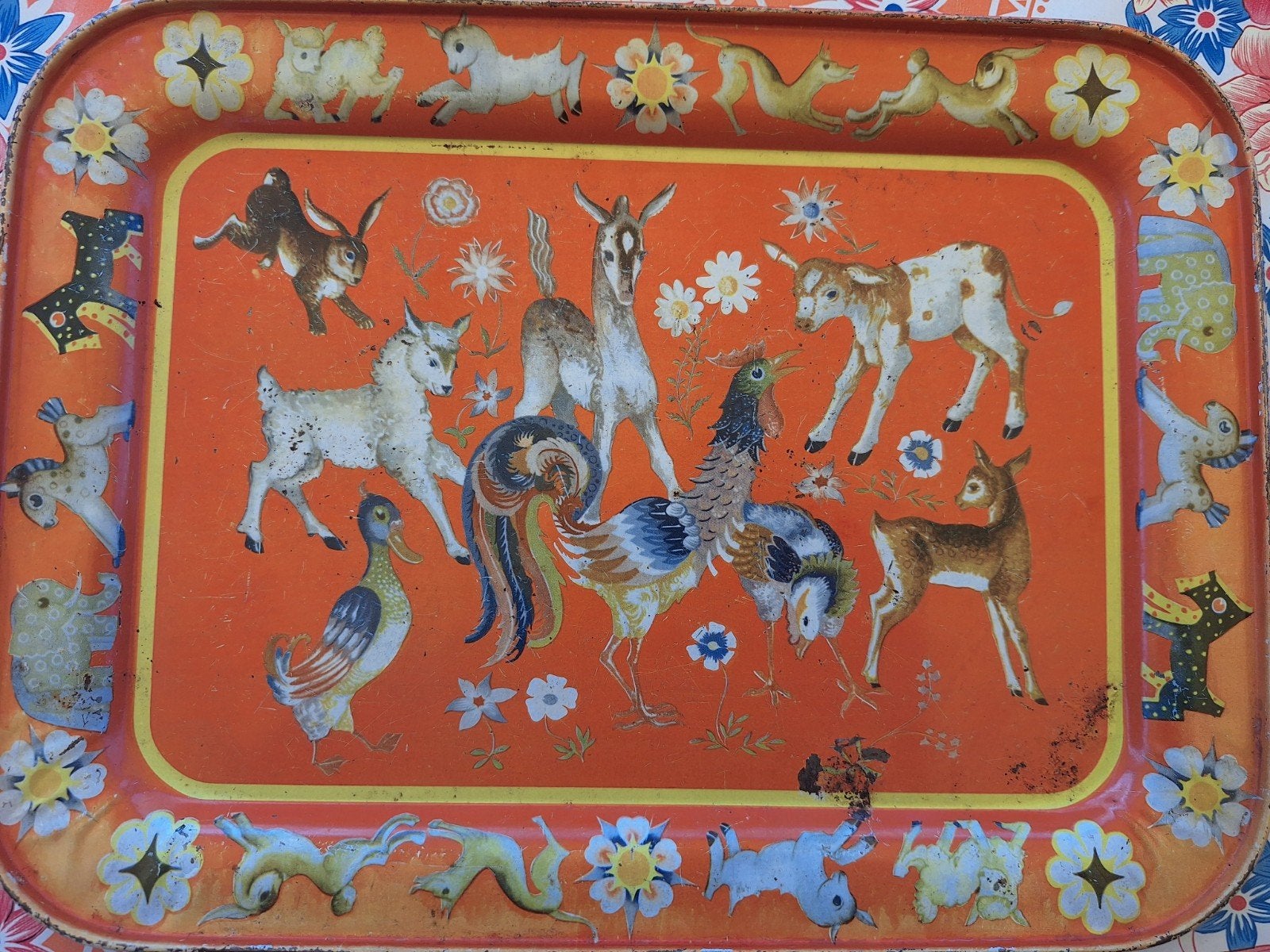 Vintage kinder dienblad, jaren '50, metaal met dieren, Antiek en Kunst, Ophalen of Verzenden