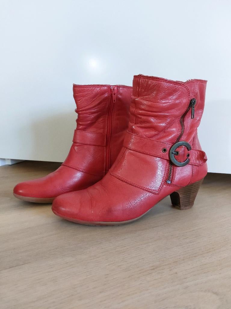 Rode leren laarsjes, Lage of Enkellaarzen, Ophalen of Verzenden, Gedragen, Rood