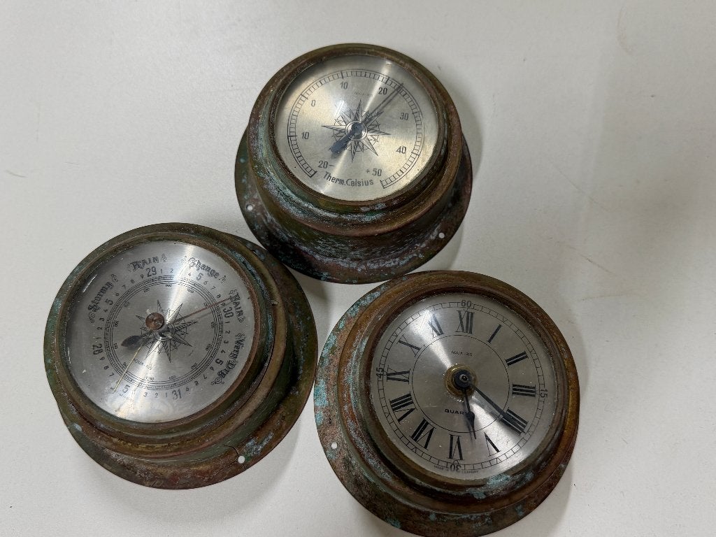 Bronzen/messing klok / thermometer / barometer, Ophalen of Verzenden, Gebruikt, Interieur en Kussens